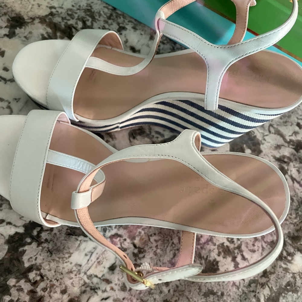Kate Spade wedge wedges lobster 9.5 Striped Wedge Sandals  Lobster LEATHER - Picture 10 of 13